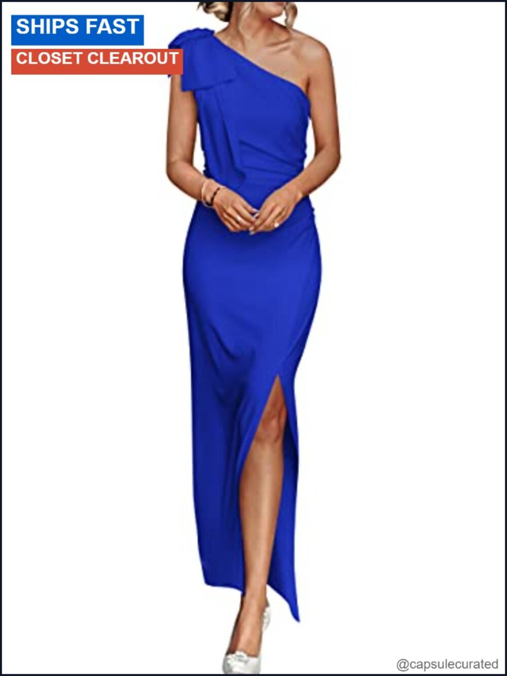 One Shoulder Sleeveless Maxi Dress with High Slit & Bow Detail